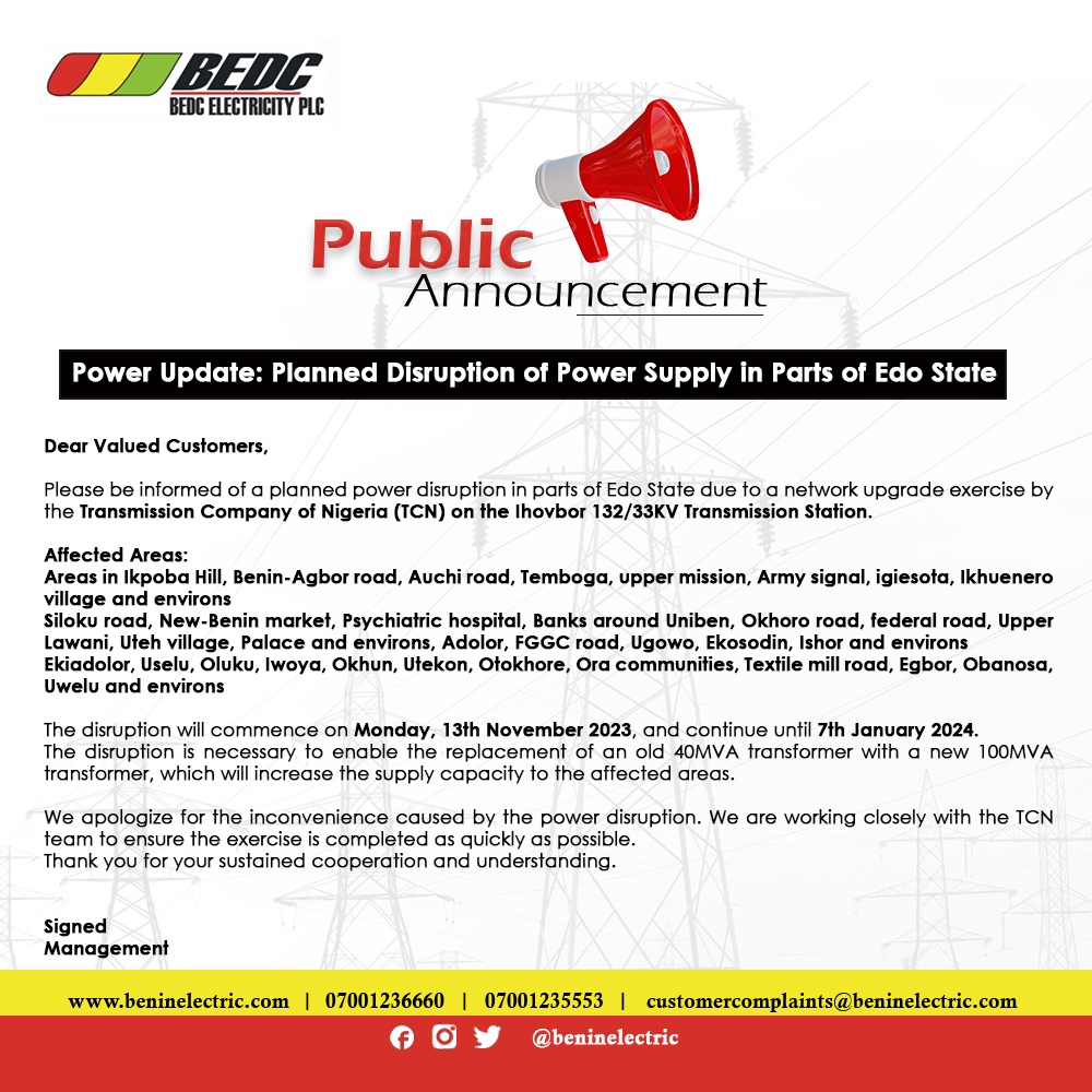 Power Update: Planned Disruption of Power Supply in Parts of Edo State