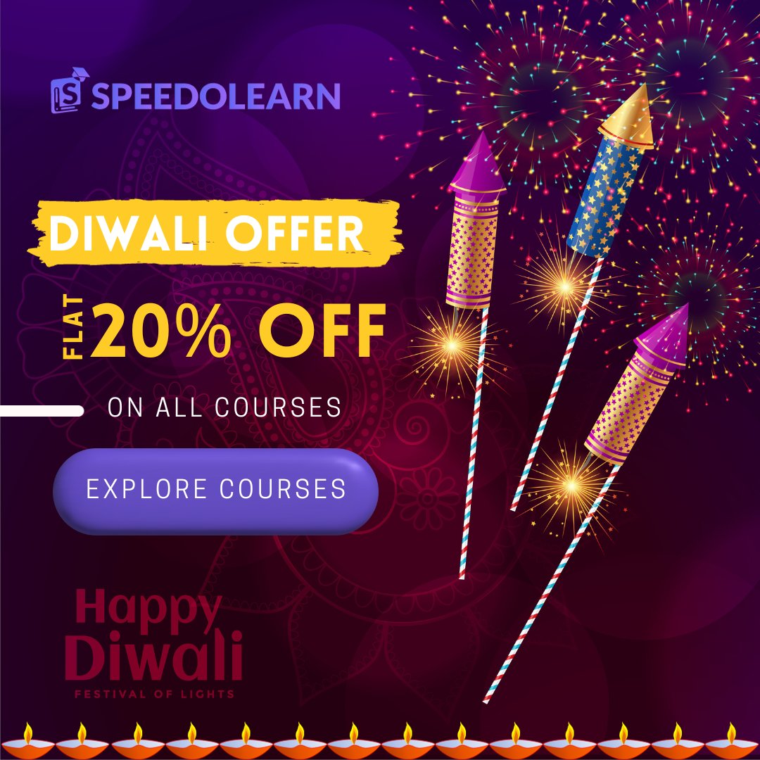 Speedolearn's tweet image. Celebrate the season with #SpeedoLearn and enjoy a flat 20% discount on all courses using code DIWALI20.
Explore our courses at speedolearn.com and level up your skills. Don't miss out—offer.
Wishing you a #HappyDiwali2023  and a year full of learning and growth!