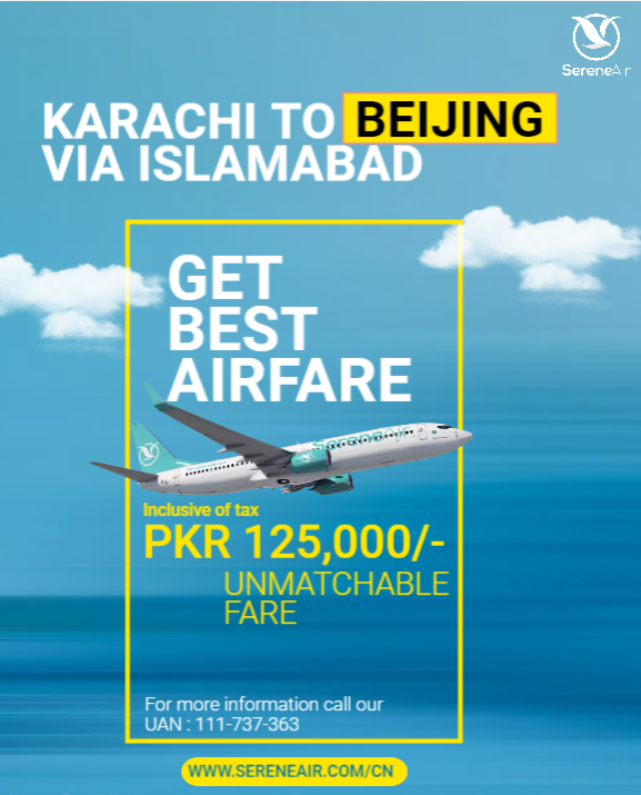 Fly with #SereneAir from #Karachi to #Beijing Daxing International Airport via #Islamabad (KHI-ISB-PKX) from 18th November 2023. Avail the most affordable fares and maximum baggage allowance.
An offer you surely don't want to miss, book now
#ExperienceSerenity