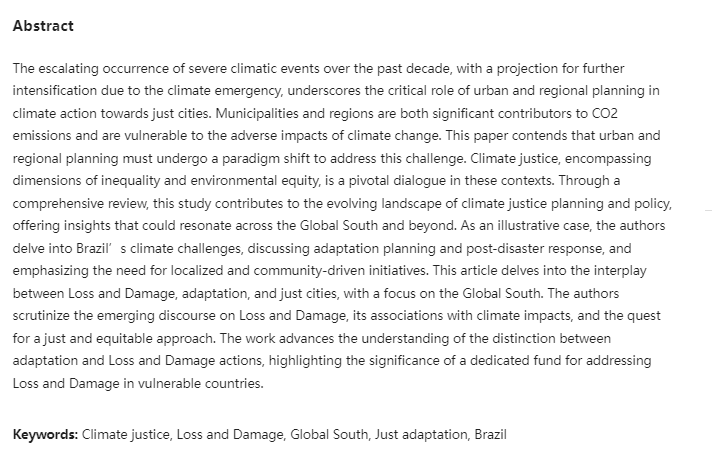 JGR_Office's tweet photo. Climate Justice Dimensions: Approaching Loss and Damage and Adaptation towards a Just City

Keywords: #Climate #justice, Loss and #Damage, #Global South, Just adaptation, #Brazil

DOI: https://t.co/450LTmJUFD https://t.co/H5HXdN3Q3X