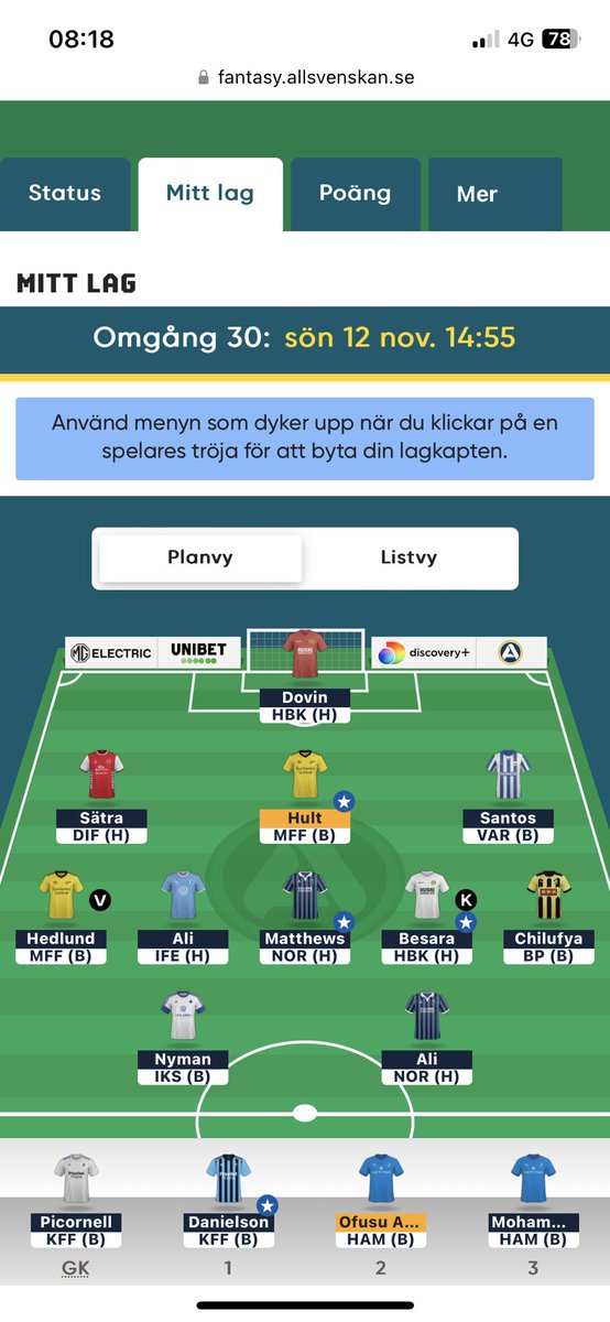 fhaak90's tweet photo. @N7Marcus 1 fritt byta. Hedlund mot Djukanovic? Start Sätra eller Danielson? Startar ej hult, köra både Sätra o Danielson? Eller gå minus. 19 upp till ledaren i ligan. Säger du? https://t.co/z1cxsrvHBX
