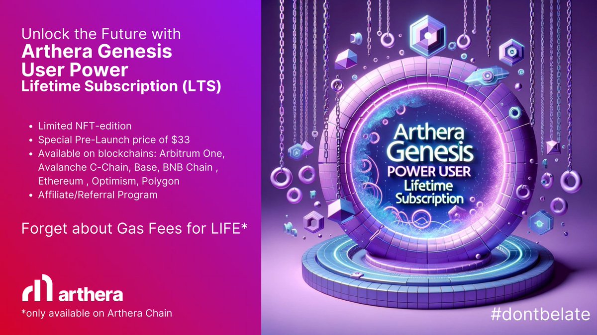 Arthera Club: Lifetime Membership!

Stop dreaming - go and get it for $33!

-No more gas fee concerns on Arthera Chain - FOREVER!
-30 transactions daily
-Early dApps access
-Vibrant community
-Savings on subs in our ecosystem
-24/7 support

#dontbelate #ArtheraLTS