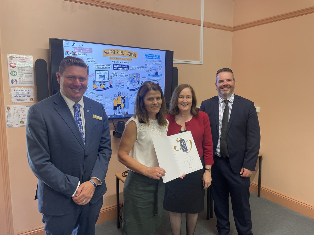 How lucky are we at <a href="/MudgeePS/">Mudgee Public School</a>  that we have two amazing exec members in Donna OHara (DP) and Mel Shearman (APCI) who have over 30 years of service to students with <a href="/NSWEducation/">NSW Dept of Education</a>. Extra special that <a href="/CathyBrennan1/">Cathy Brennan</a> was here today to acknowledge their contributions. Thanks, Cathy!