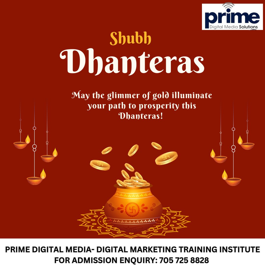 PrimeDMNashik's tweet photo. Shining brighter than gold on Dhanteras,
as we celebrate the auspicious festival of wealth and prosperity. 
#Dhanteras #primedigitalinstitute #socialmediamarketing #nashik #digitalmarketing #offers #primedigitalmedia #career https://t.co/4L9eu4QvB3