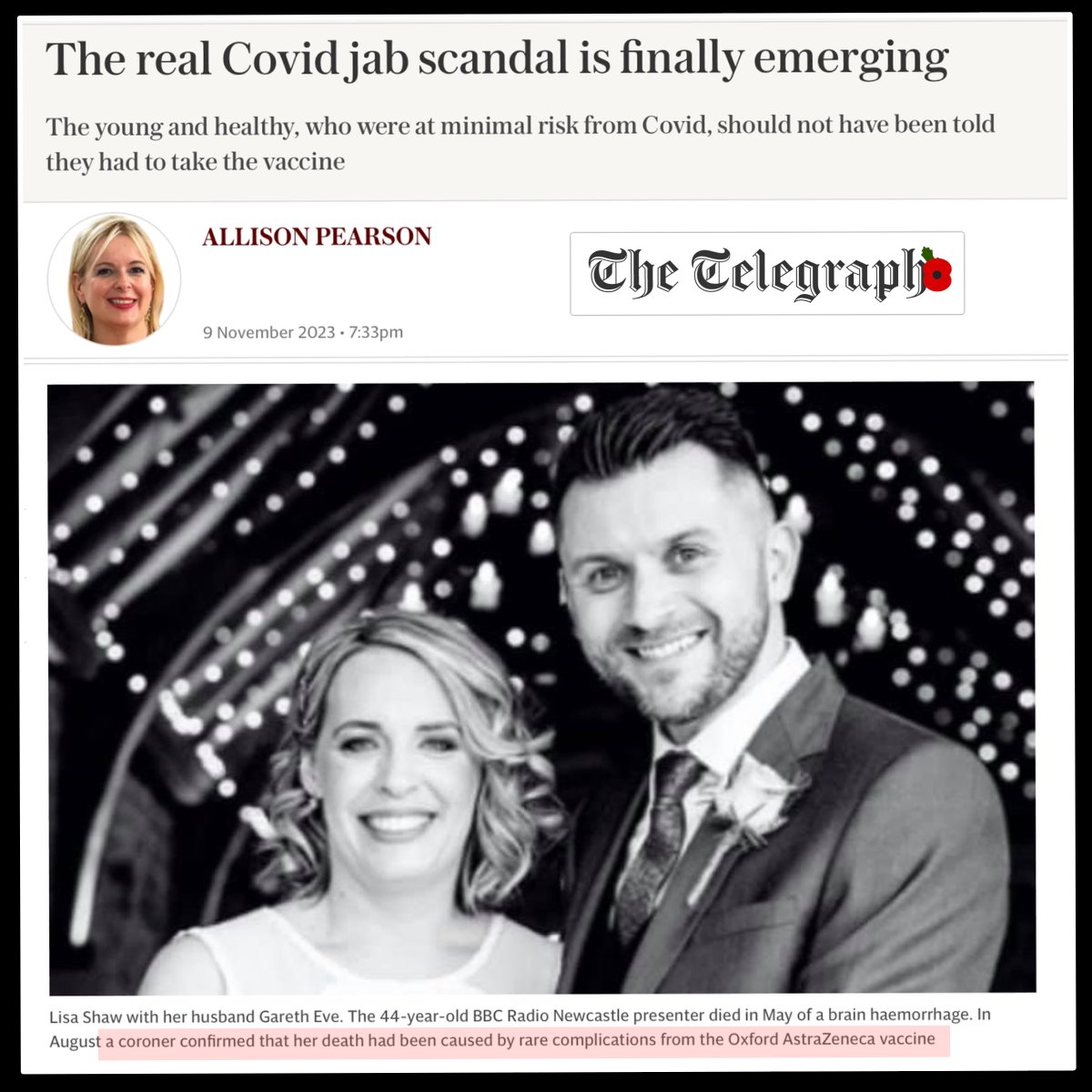 'The real Covid jab scandal is finally emerging. The young and healthy, who were at minimal risk from Covid, should not have been told they had to take the vaccine' - The Telegraph UK telegraph.co.uk/news/2023/11/0… The narrative is finally collapsing as the MS media realise they can‘t