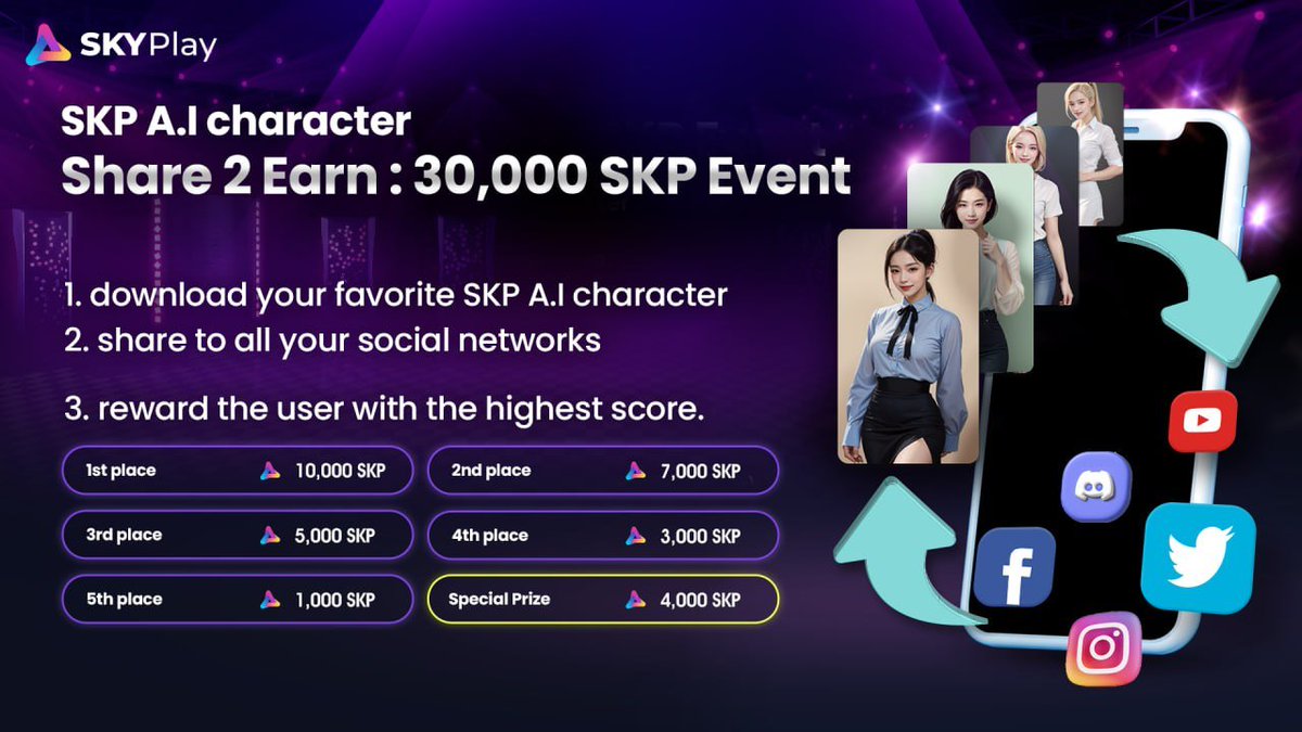 🎊SKP A.I character Share 2 Earn : 30,000 SKP Event🎊

t.me/skp_announceme…

Today we're hosting our second community event. The second round of events will be open to a select group of people from the SKYPlay Team after receiving participants via Google Form.