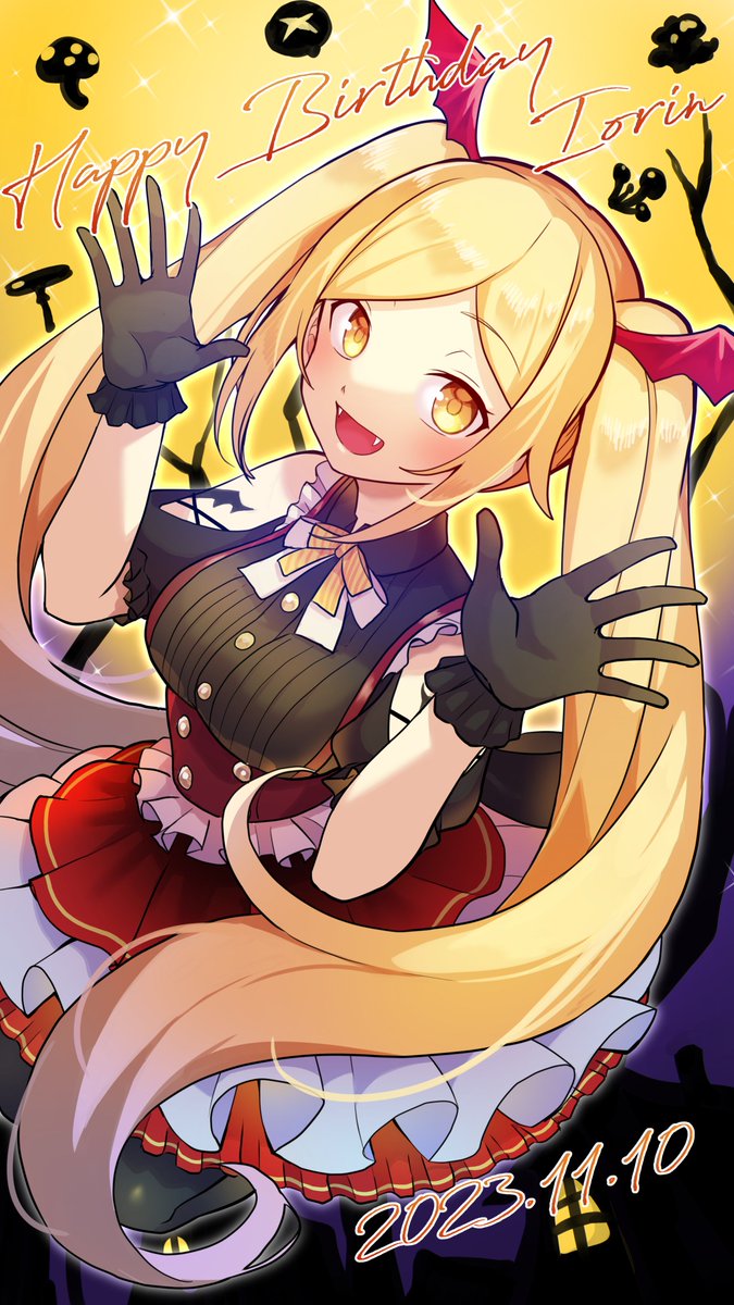1girl blonde hair gloves solo twintails yellow eyes black gloves  illustration images