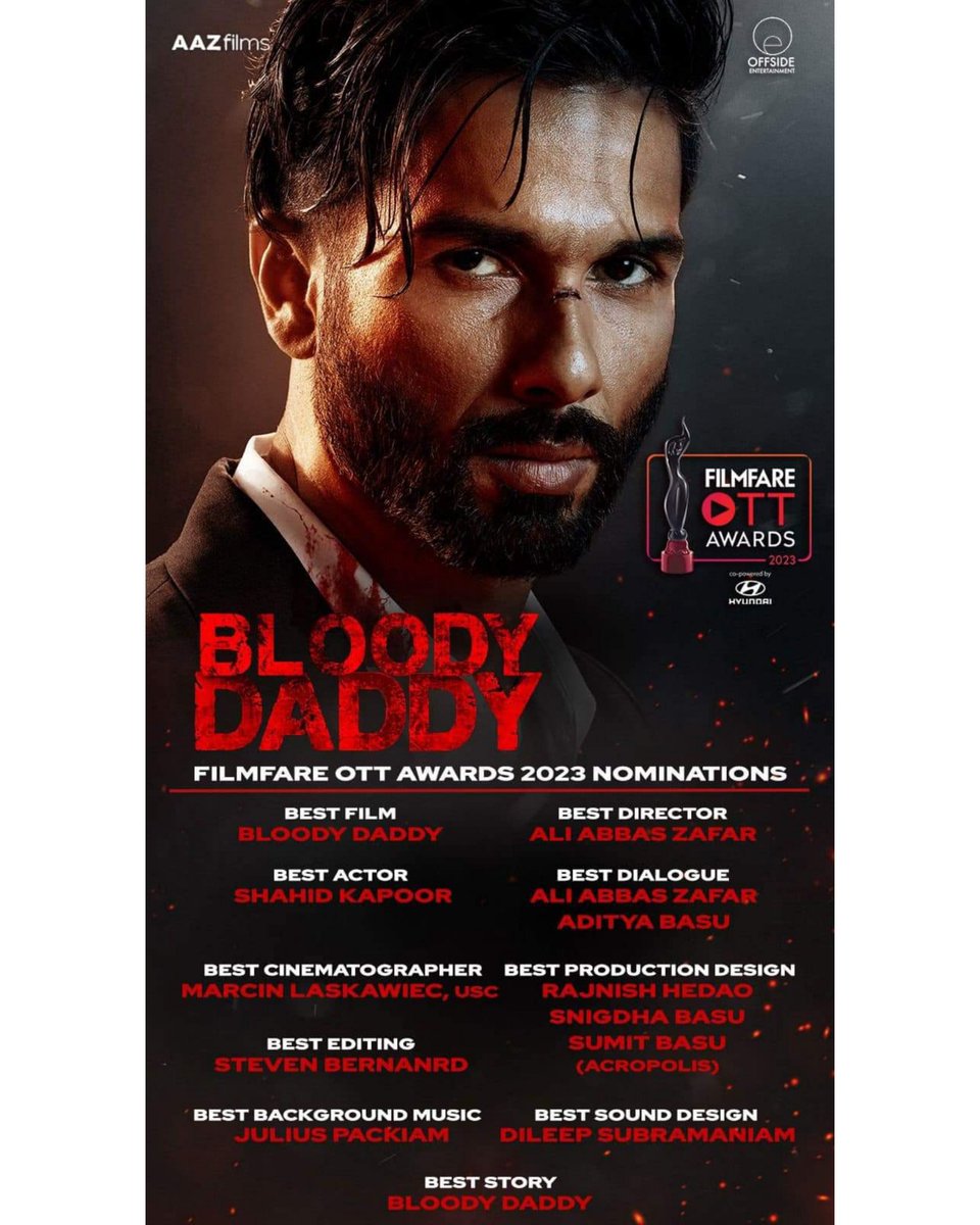 King of OTT 👑👑 #ShahidKapoor ruling the nominations for #FilmfareOTTAwards2023 as he's nominated for best actor for both #Farzi & #BloodyDaddy  released in 2023 🔥🔥 moreover both originals have been nominated in many categories... #ShahidRulingOtt