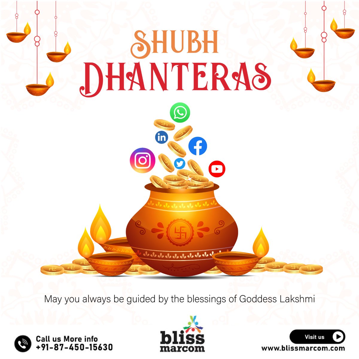 Wishing you a Dhanteras filled with digital abundance! 🌟 Let your brand's story unfold in pixels and success. #DigitalProsperity #MarketingMantra
 #BlissMarcom #SocialMediaMarketing #DigitalMarketing