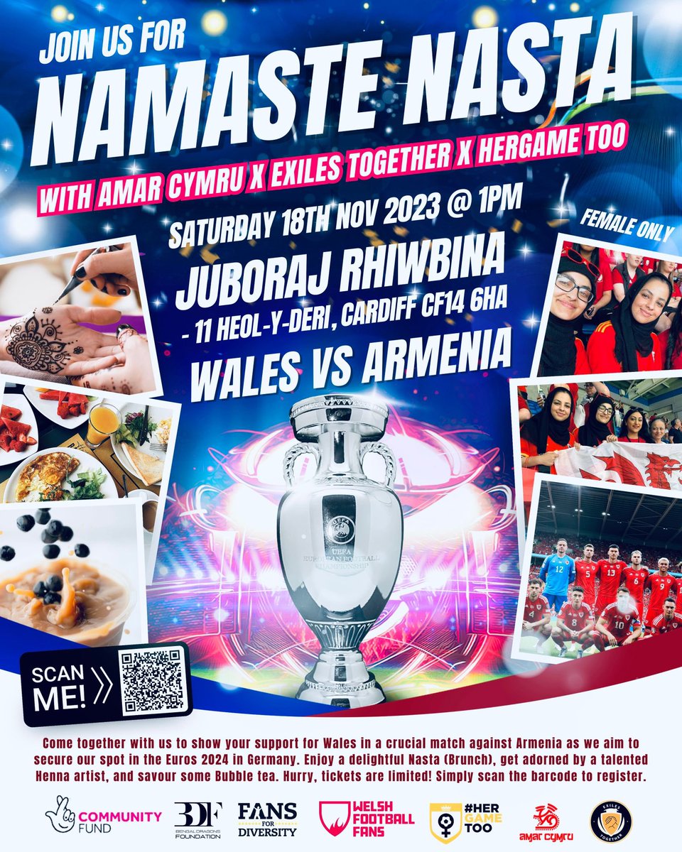 📣 Calling all female South Asian Cymru fans! @HGTCymru & @AmarCymru have teamed up once again to provide a safe space for women and girls to watch Armenia vs Cymru on the big screen! Come and join us for Namaste Nasta on 18th Nov at @Juboraj_Group 🏴󠁧󠁢󠁷󠁬󠁳󠁿 seetickets.com/event/namaste-…
