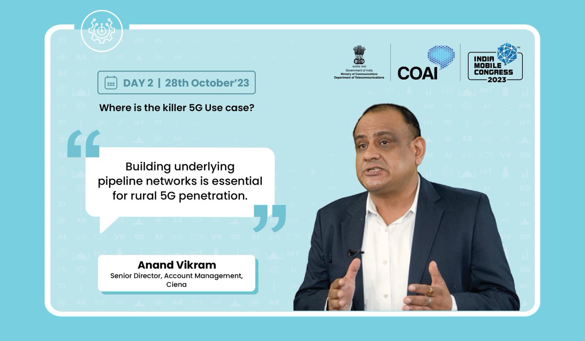 exploreIMC's tweet photo. Anand Vikram - Senior Director, Account Management, Ciena
Session : Where is the killer 5G Use case? at #IMC2023
#GlobalDigitalInnovation #CienaAtIMC
@ConnectCOAI @DoT_India @Ciena https://t.co/ws6djOJE1q
