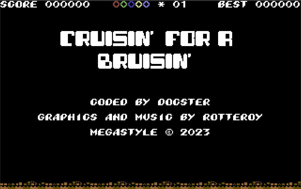Hey folks! Here is a screenshot of the upcoming C64 game I'm working on. Pimples is on hold for the moment. But, will resume some times after when this game is done. :)

<a href="/Rotteroy/">Rotteroy / Megastyle</a> #megastyle #C64 #retroGames #gamedev #games #platforms  #Commodore64