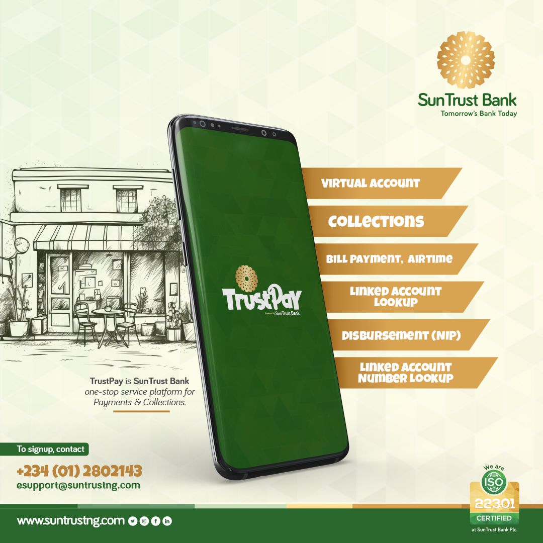 SunTrustNG's tweet photo. TrustPay is SunTrust Bank's one stop service platform for Payments & Collections.
.
#SunTrustNG #TrustPay #SMEs #Corporate #LocalCorporate #eCommerce #IATA #ABTA #OnlineRetailers #NGOs #AgriBusiness #Retail #WebPayments #Merchant #Logistics #OnlineReservations https://t.co/7hFQVESgNV