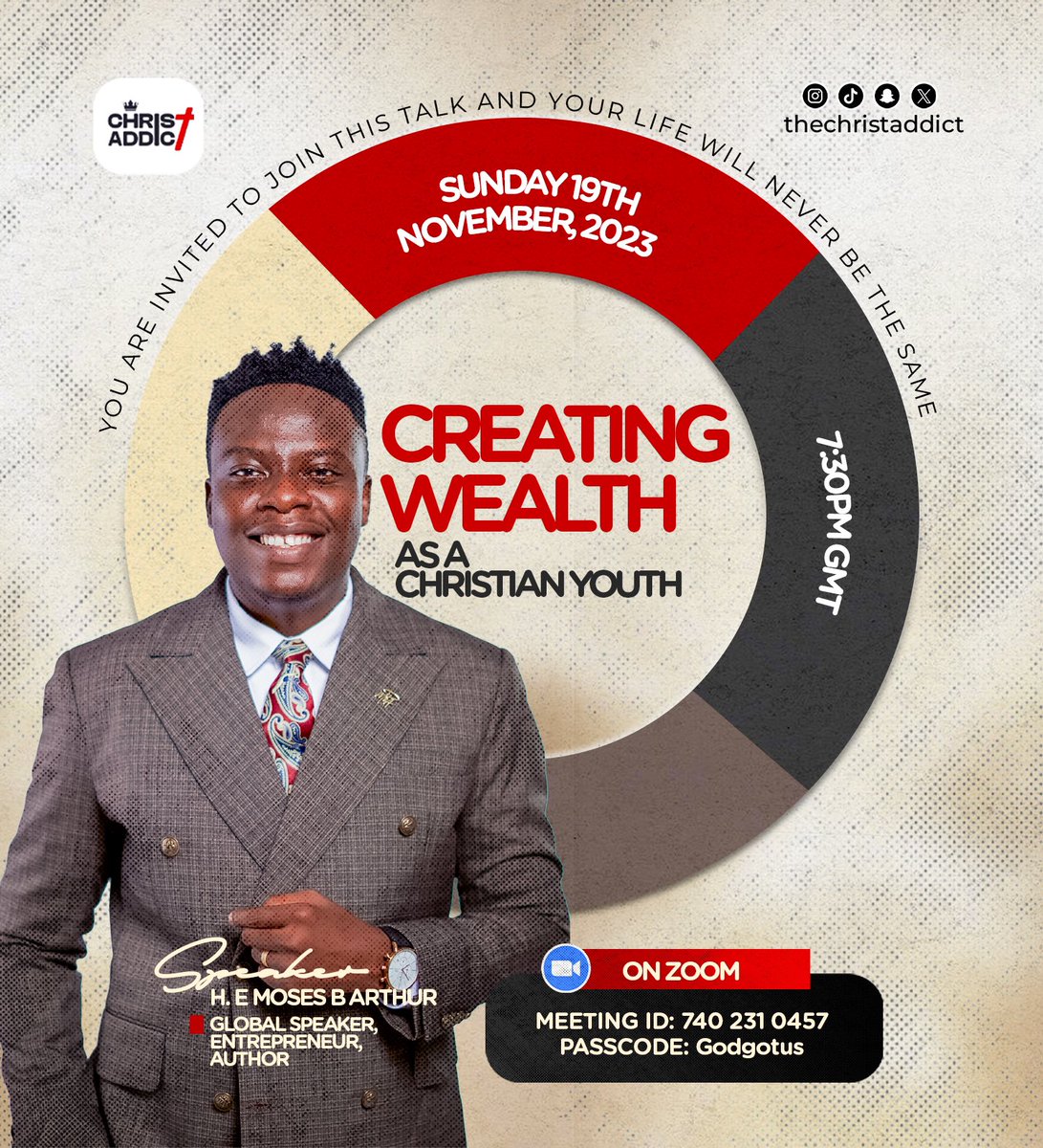 Our monthly community talk is with @themosesarthur a Global Speaker, Entrepreneur and Author. 

We will discuss Creating Wealth as A Christian Youth. Mark your calendar for Sunday, 19th November, at 7:30 pm GMT. 

Make a date and join the conversation. 
#ChristianYouth #Wealth