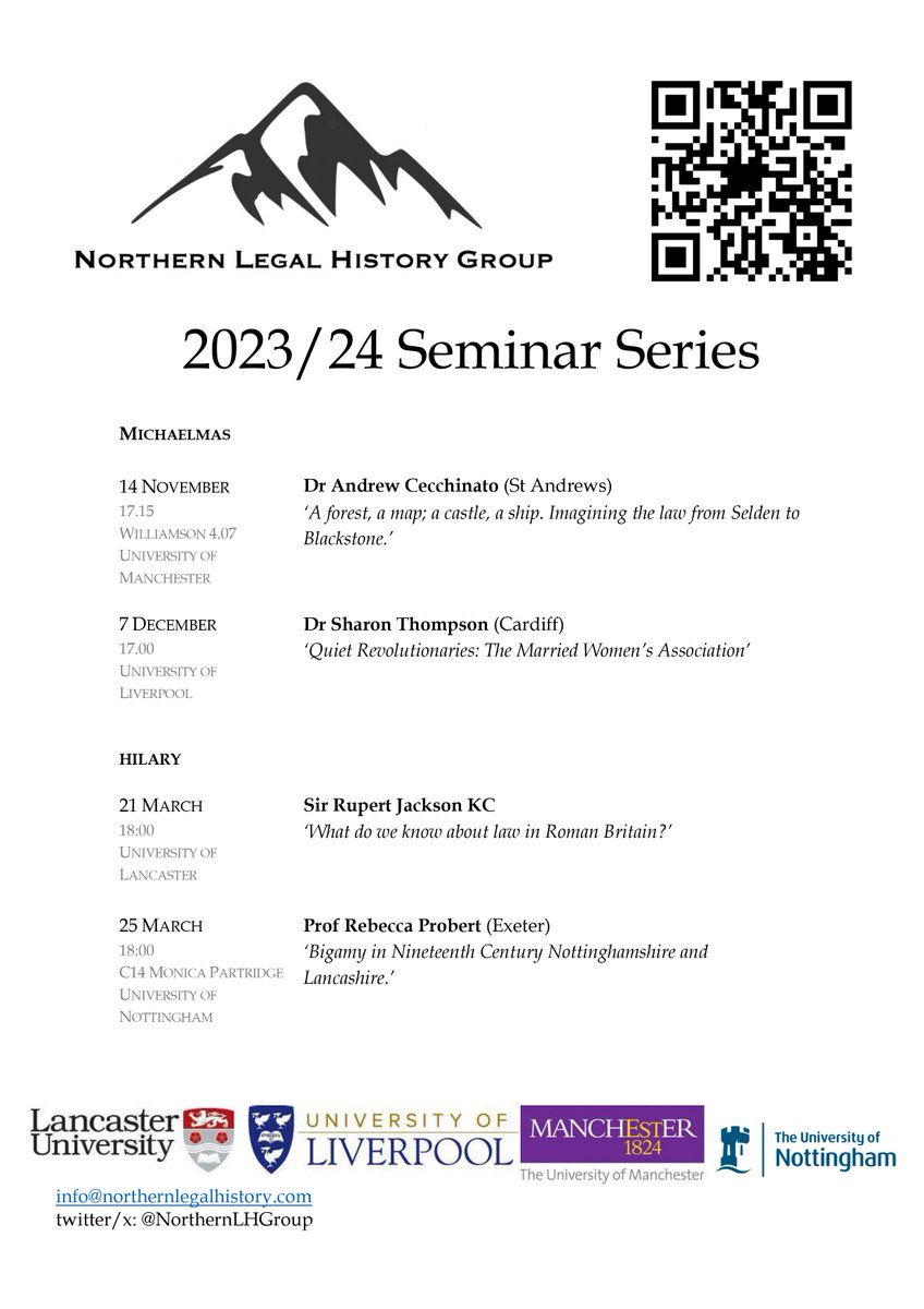 We are pleased to announce our seminar series for the academic year. Come to the North for some legal history! More information here: northernlegalhistory.com/upcoming-events