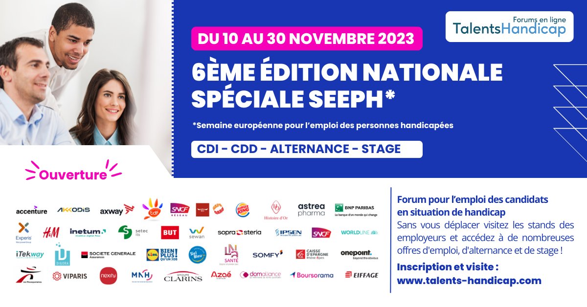 🔊 OUVERTURE - Forum Talents Handicap spécial SEEPH* 2023 !

📆Dès maintenant et jusqu'au 30 novembre, venez visiter les stands des employeurs qui recrutent, découvrir leurs offres et postuler en ligne sans vous déplacer.

loom.ly/eY2L9hQ

#SEEPH2023 #SEEPH