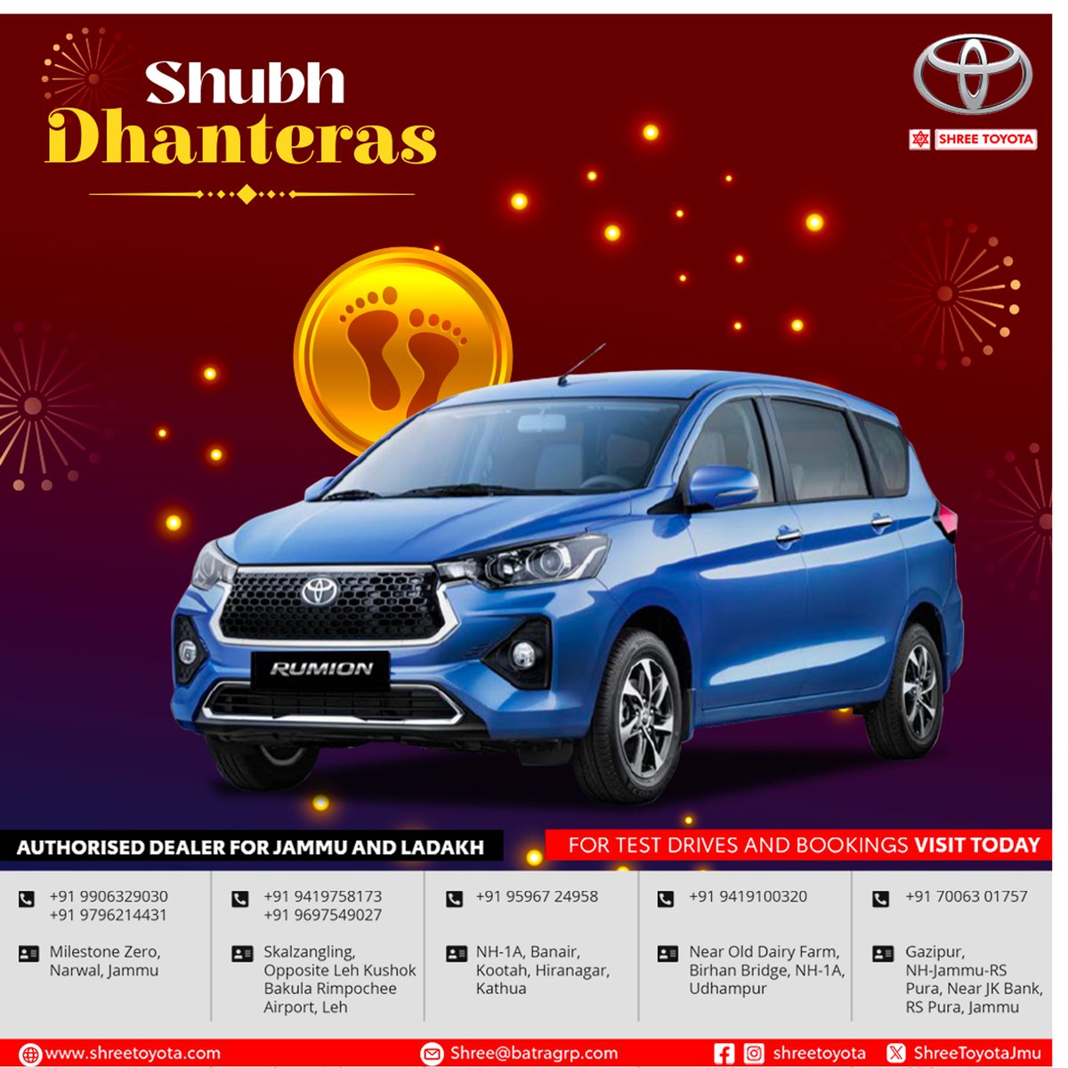 May your wealths multiply and your journeys be prosperous and filled with 'Good Wala Moments'. 

#ShubhDhanteras
#GoodWalaVibe
#ToyotaRumion
#ShreeToyota
#ToyotaIndia
#Jammu
#Ladakh