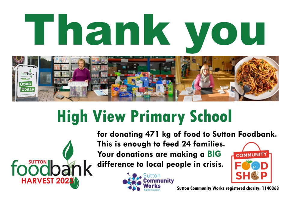 HighViewPrSch's tweet image. Well done High View and thank you to our school community for donating so generously! A record harvest collection! @suttonfoodbank #foodbanks @changesutton