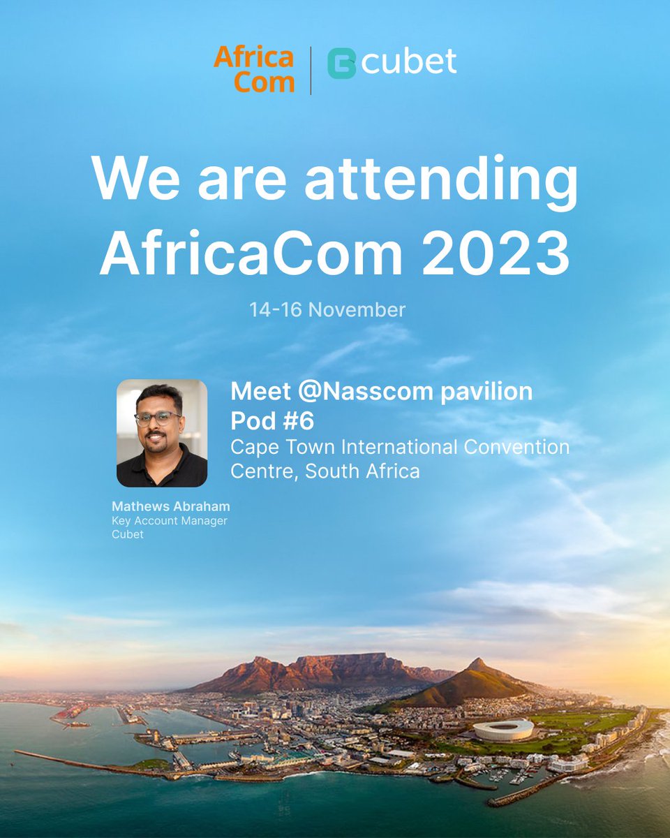 CubetTech's tweet image. @CubetTech is delighted to announce our participation in #AfricaCom2023, set to take place from November 14-16 at CTICC in Cape Town, South Africa. 

Join us at Nasscom pavilion, Pod #6 and experience the future of conversational AI with #WhizzAI

#DataAutomationMadeSimple