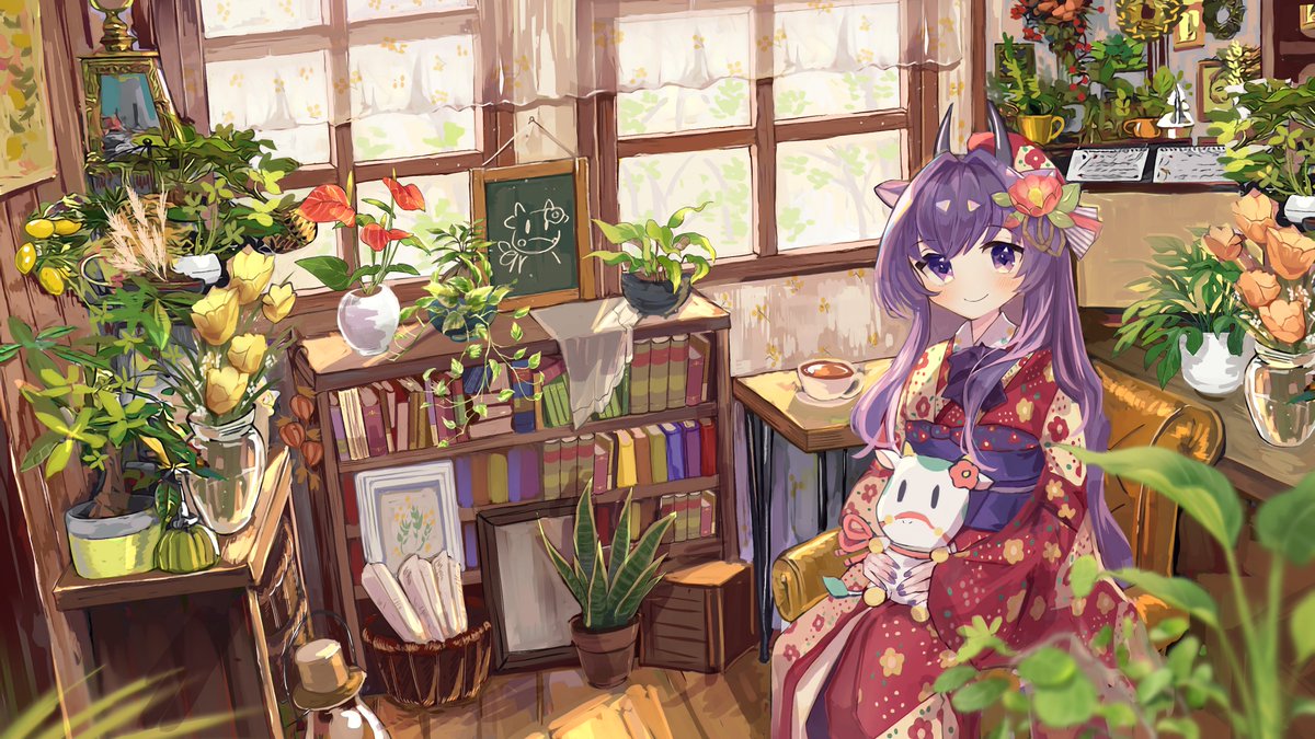 1girl kimono japanese clothes purple hair solo purple eyes potted plant  illustration images