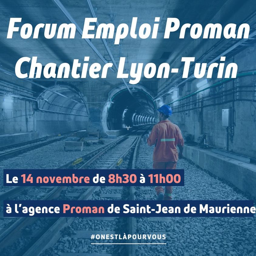 [#TousMobilisés] pour l'#emploi sur le chantier #LyonTurin

L'équipe @poleemploi_ara #MELT #Savoie et <a href="/Proman_Interim/">PROMAN</a> vous donnent rdv le 14 novembre pour vous ℹ️ sur les opportunités à saisir

Retirez votre invitation ici🎫  mesevenementsemploi.pole-emploi.fr/mes-evenements… 

#OnEstLàPourVous #Maurienne