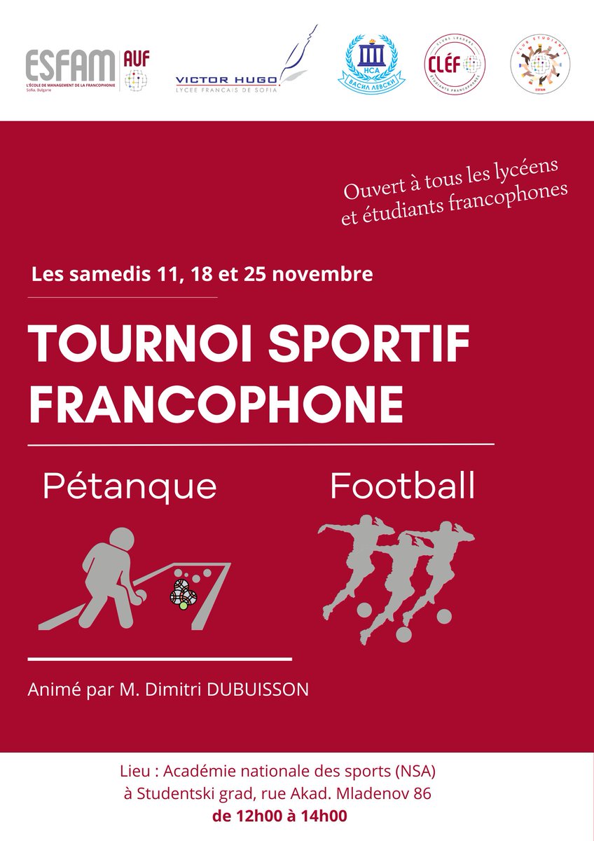 esfam_auf's tweet photo. #CLEF #ESFAM
La première activité sportive du Club étudiants de l'ESFAM pour cette promotion - 𝐓𝐨𝐮𝐫𝐧𝐨𝐢 𝐬𝐩𝐨𝐫𝐭𝐢𝐟 𝐟𝐫𝐚𝐧𝐜𝐨𝐩𝐡𝐨𝐧𝐞 : 𝐏𝐄́𝐓𝐀𝐍𝐐𝐔𝐄 𝐞𝐭 𝐅𝐎𝐎𝐓𝐁𝐀𝐋𝐋
Les premiers matchs samedi 11 novembre, 12h00 à l' Académie Nationale des sports (NSA https://t.co/qXuVjWUboM