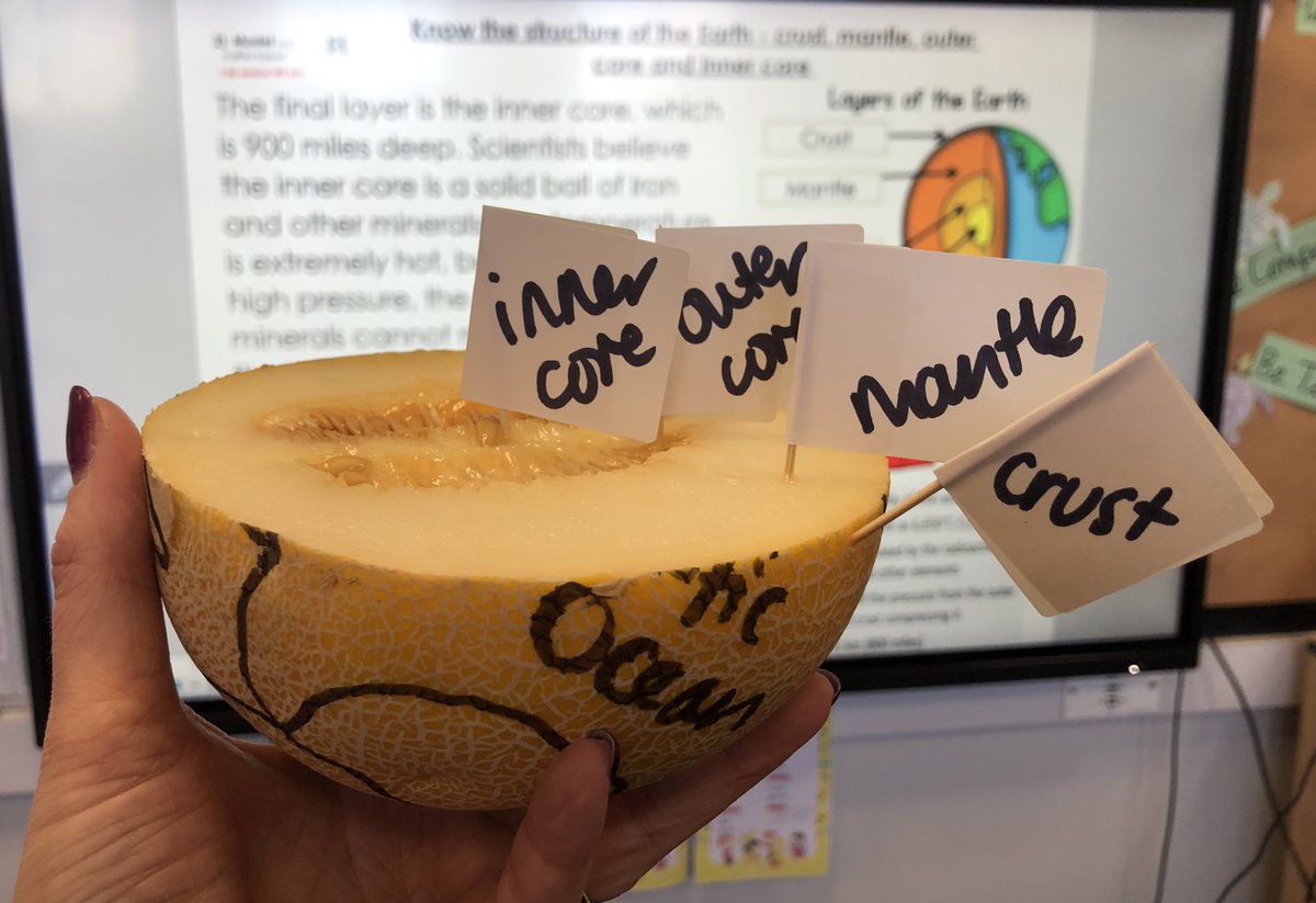 In our geography lessons, we have been looking at the Earth's structure. In lesson 1, we drew the continental and oceanic tectonic plates onto a melon; in lesson 2, we cut open the melon and labeled the mantle, outer core and inner core! #activeengagement