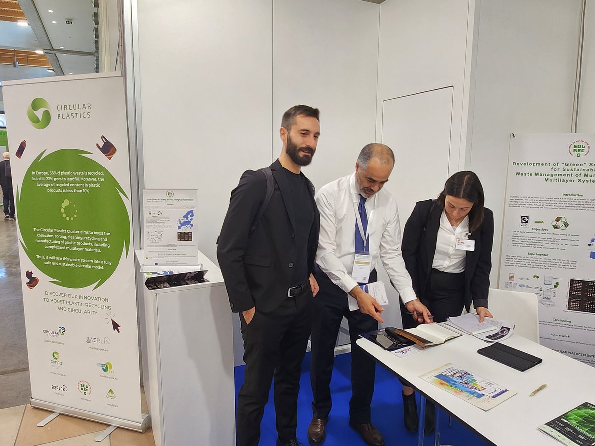 Days 2 and 3 at @Ecomondo on the stand of our Circular Plastics Cluster attended by partners of @sol_rec2 , @CIMPA_Project , @REMADYL_EU , @CIRC_FoodPack , @PackBuddie and @MERLINProject21 .