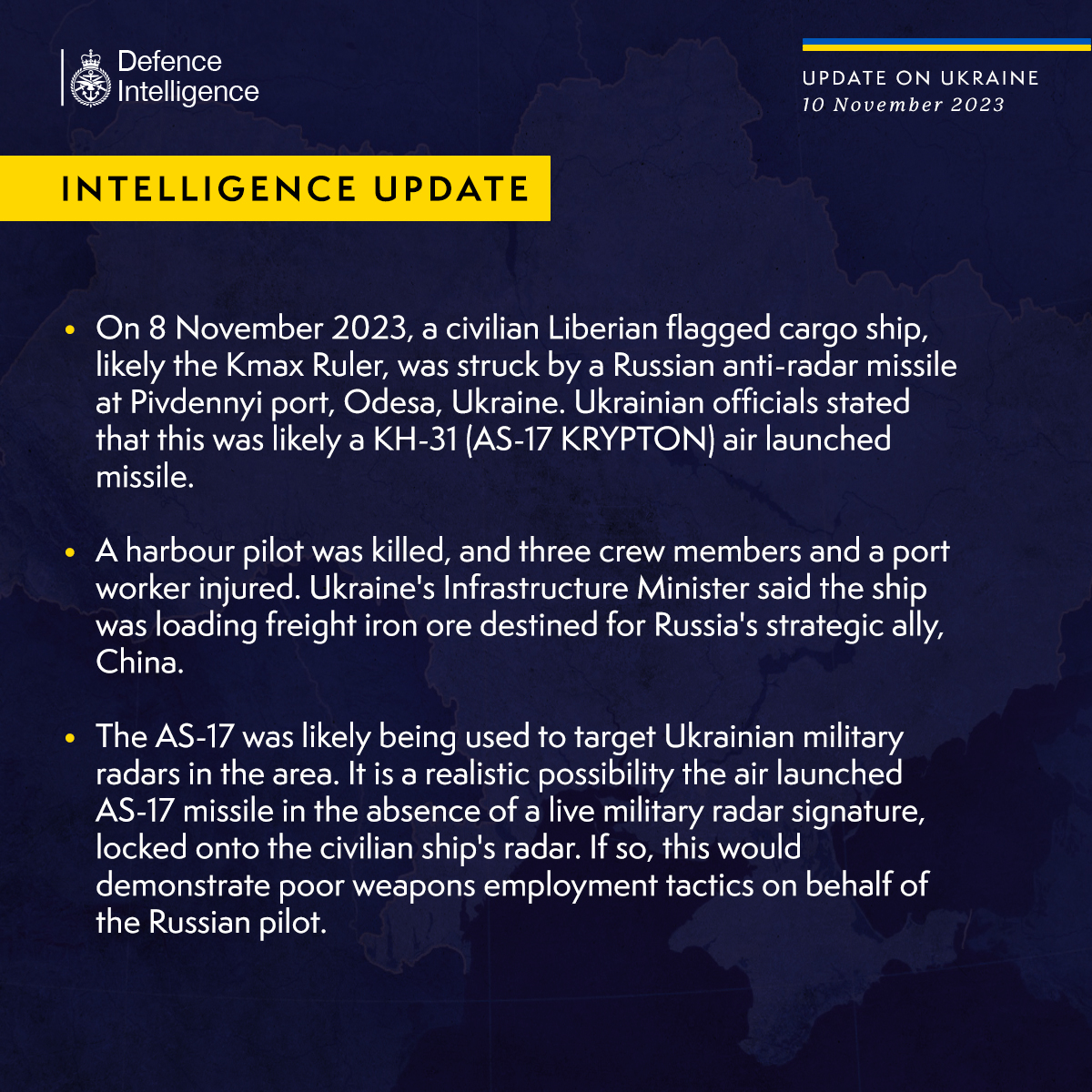 Latest Defence Intelligence update on the situation in Ukraine – 10 November 2023.