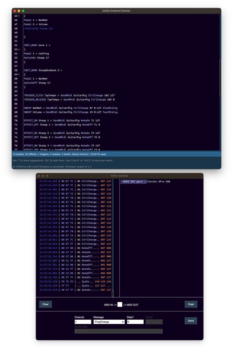 Papenroth's tweet image. Didn’t expect having to do firmware upgrades via switching an #EEPROM  in the circuit or having to configure a device via code in 2023, but you can still get the real #masochistic #nerd_experience if you buy a Behringer #fcb1010 #midicontroller.