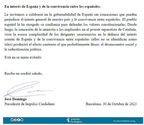 Impulso_Ciudada's tweet photo. 📢Preguntamos a los diputados del @PSOE por MADRID sobre su posición ante la amnistía. Les pedimos que la rechazaran en defensa de la igualdad de los españoles ante la Ley No han respondido
¿Tampoco ahora,@Teresaribera @CristinaNarbona @sanchezcastejon, con los acuerdos firmados? https://t.co/ychfH2TiKf