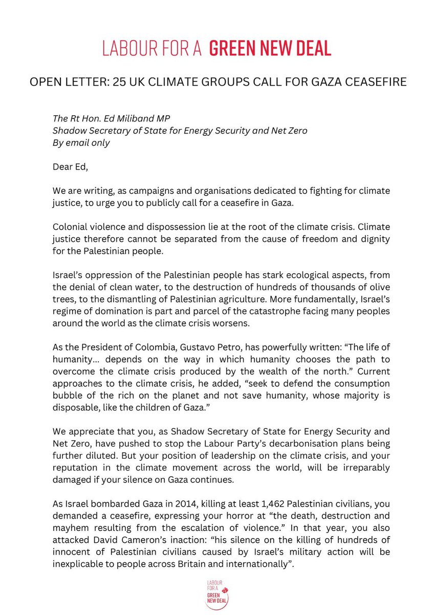 WorkerClimate's tweet image. 🚨BREAKING: 25 leading UK climate justice groups have condemned Labour’s refusal to demand an end to Israel’s mass killing in Gaza.

In the letter to @Ed_Miliband, we highlight the links between the Palestinian cause &amp;amp; the climate crisis, and implore him to call for a ceasefire.