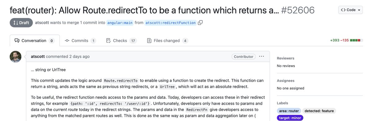 Enea_Jahollari's tweet photo. This may have gone unnoticed, but in the next minor of v17, we will be able to provide a RedirectFn instead of just a string in the redirectTo field in the route object 🎉

Inside the redirect fn, we can access to queryParams and pathParams, and of course, we can use the inject function to use whatever kind of dependency we need! 

https://t.co/wOwg2wcR2J

#angular