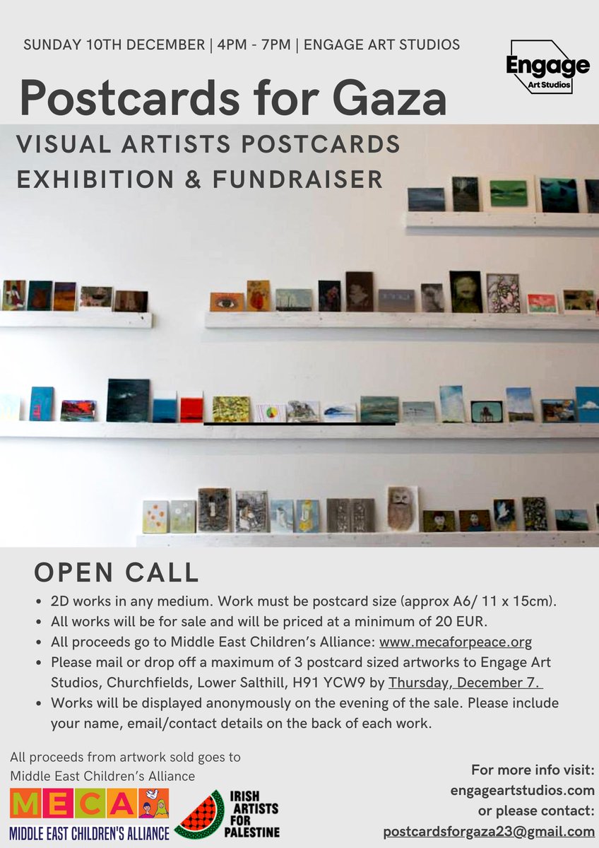 ⭐ OPEN CALL: 2D artwork of any medium.
- Work must be postcard size (approx A6/11 x 15cm).
- All work will be for sale &amp; priced at a minimum of €20
- Post or drop off max of 3 postcard sized works to Engage Arts Studios by Thurs, Dec 7.
- For more info shorturl.at/etBD8