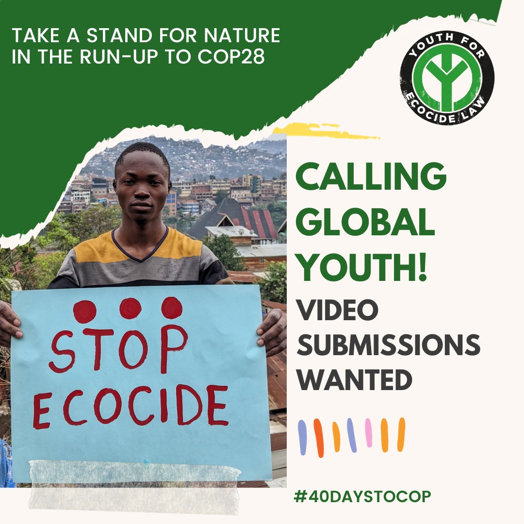 This is your opportunity to join @EcocideLawYouth as they continue to build momentum around criminalising the worst harms to nature - #Ecocide - in the run-up to the #UNFCCC’s #COP28 in #Dubai this year. 🔗 Submit your video contribution: forms.gle/A2dLnhuL5S9fvR… #StopEcocide