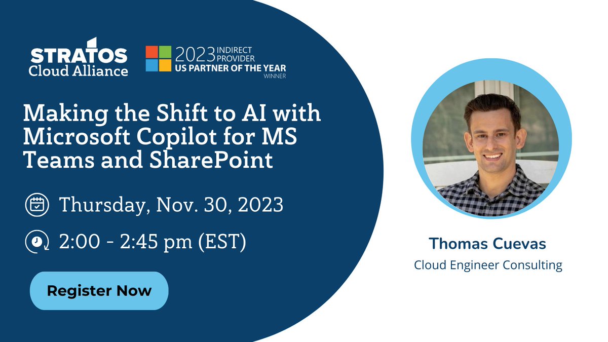 Unlock productivity and innovation with Microsoft #Copilot for MS Teams and #SharePoint. 

On November 30, hear from Tommy Cuevas as he dives into the #AI capabilities of Copilot.  

Register now to attend! ➡️ go.stratoscloud.com/making-the-shi…