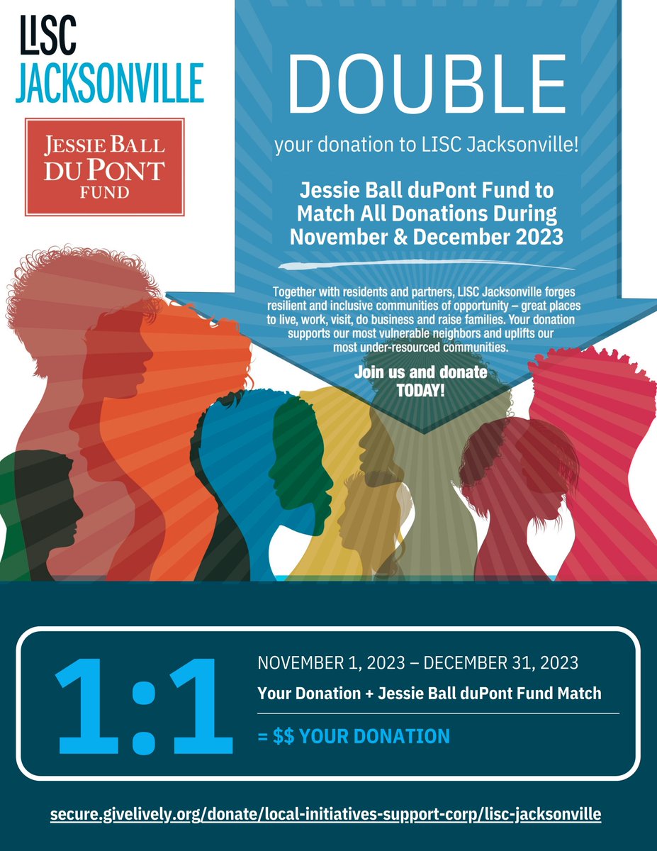 secure.givelively.org/.../local.../l…
The Jessie Ball duPont Fund is matching all donations made to LISC Jacksonville in November and December. Donate today, double your impact, and help us transform Jacksonville’s most challenged neighborhoods into communities of opportunity.