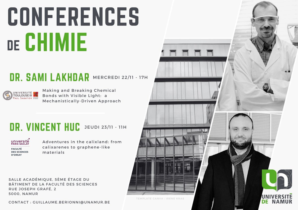 Dr_Berionni's tweet photo. In two weeks, Dr. @Samilakhdar1 (@LHFA_CNRS) and Dr. Vincent Huc (@ICMMO_UMR8182) will give lectures @UNamur on photocatalysis and mixed hybridization systems. Feel free to join: https://t.co/iUolYNRoom. ⬇️🗓️ https://t.co/NlMqG8OOmO