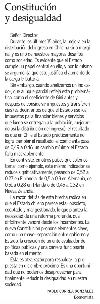 Pivotes_cl's tweet photo. 📌¿Por qué es importante un Estado más moderno y sin pitutos? Compartimos la carta del economista Pablo Correa en @ElMercurio_cl, donde alude a puntos centrales de la propuesta constitucional que recogen la iniciativa popular de norma impulsada por Pivotes en esta materia. https://t.co/7BsCHT5QoN