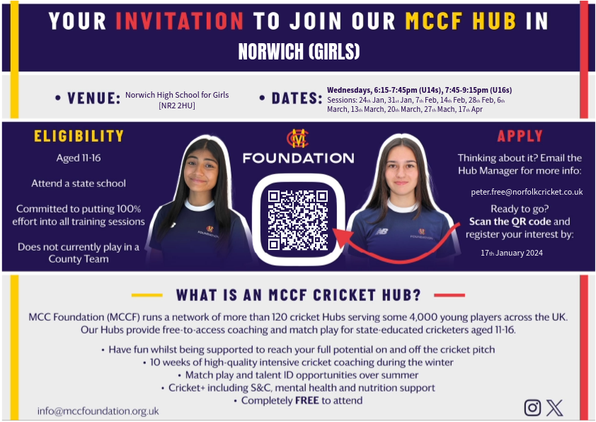 NorfolkCBWandG's tweet photo. 🏏Girls Cricket Opportunity (1/2)🏏

🔸Are you aged 11-16?
🔸Do you attend state school?
🔸Do you enjoy playing cricket?

Then the MCCF Norwich Hub maybe for you. It is completely free but you must commit to training &amp; not be in a county squad... https://t.co/278gwEopR2
