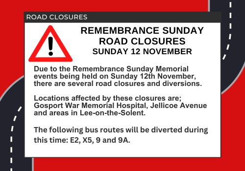 GosportCouncil's tweet image. Advanced Notice:-

Due to the Remembrance Sunday Memorial events being held on Sunday 12th November, there are several road closures and diversions.

For further information, please visit the FirstBus website:
ow.ly/REOu50Q6m2L
