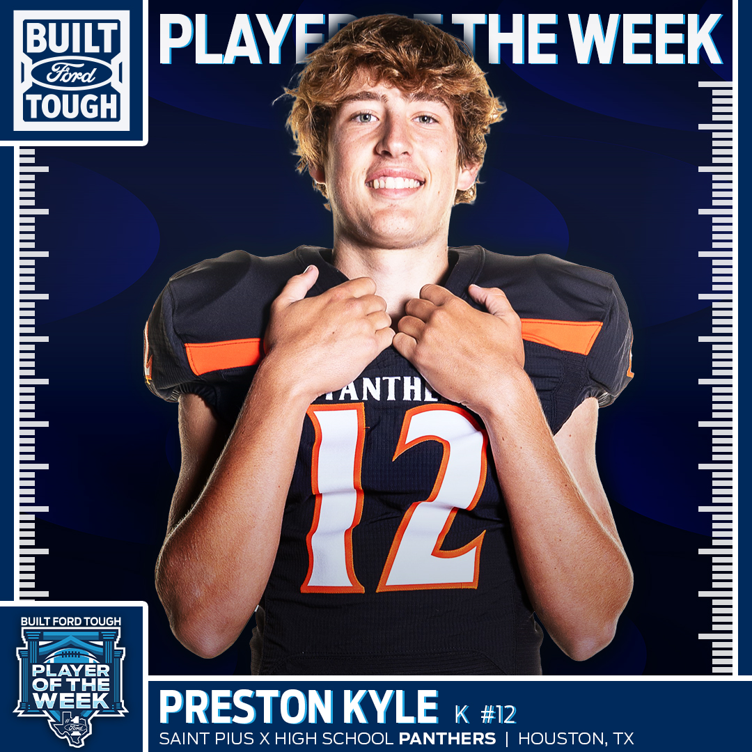 🏈 In the game against Central Catholic, @StPiusX Kicker, @preston_kyle05 broke 2 school records: most field goals in a season and longest field goal with his 55-yarder, making him #BFTPOWeek 💪 #HOUTXFord #Ford @DoggettFord #TXHSFB @BallySportsTXHS @SPXPanthers @StPiusXFootball