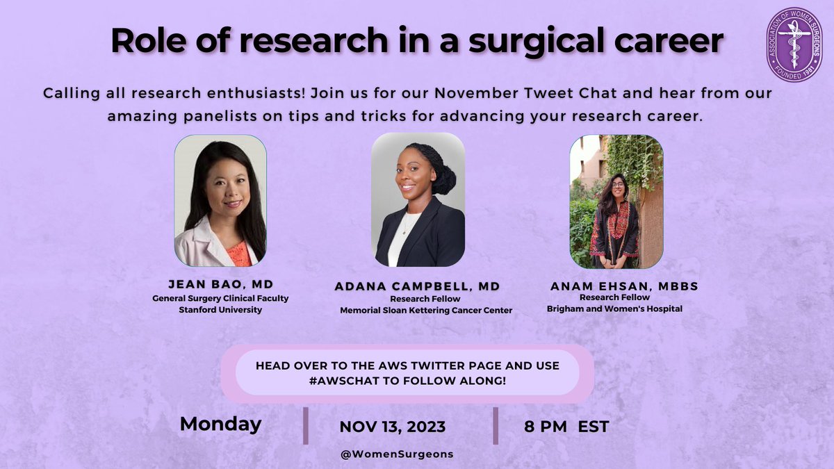 WomenSurgeons (@womensurgeons) on Twitter photo Get ready to join the AWS Twitter Committee and our amazing panelists <a href="/JeanBaoMD/">Jean Bao</a> <a href="/adana_campbell/">Adana Campbell</a> <a href="/AnamNEhsan1/">Anam N Ehsan</a> to receive valuable advice on advancing your research career. Mark your calendar for this enriching event taking place on 13th November, 2023 at 8PM EST. Get ready to join the AWS Twitter Committee and our amazing panelists <a href="/JeanBaoMD/">Jean Bao</a> <a href="/adana_campbell/">Adana Campbell</a> <a href="/AnamNEhsan1/">Anam N Ehsan</a> to receive valuable advice on advancing your research career. Mark your calendar for this enriching event taking place on 13th November, 2023 at 8PM EST.