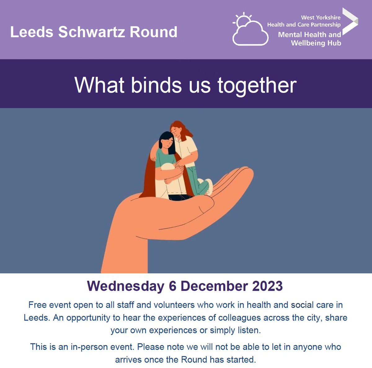 The *first* in person Leeds Schwartz Round is available to book onto now. The theme is 'What binds us together' and is available to all staff in health and social care in Leeds eventbrite.com/e/leeds-schwar…