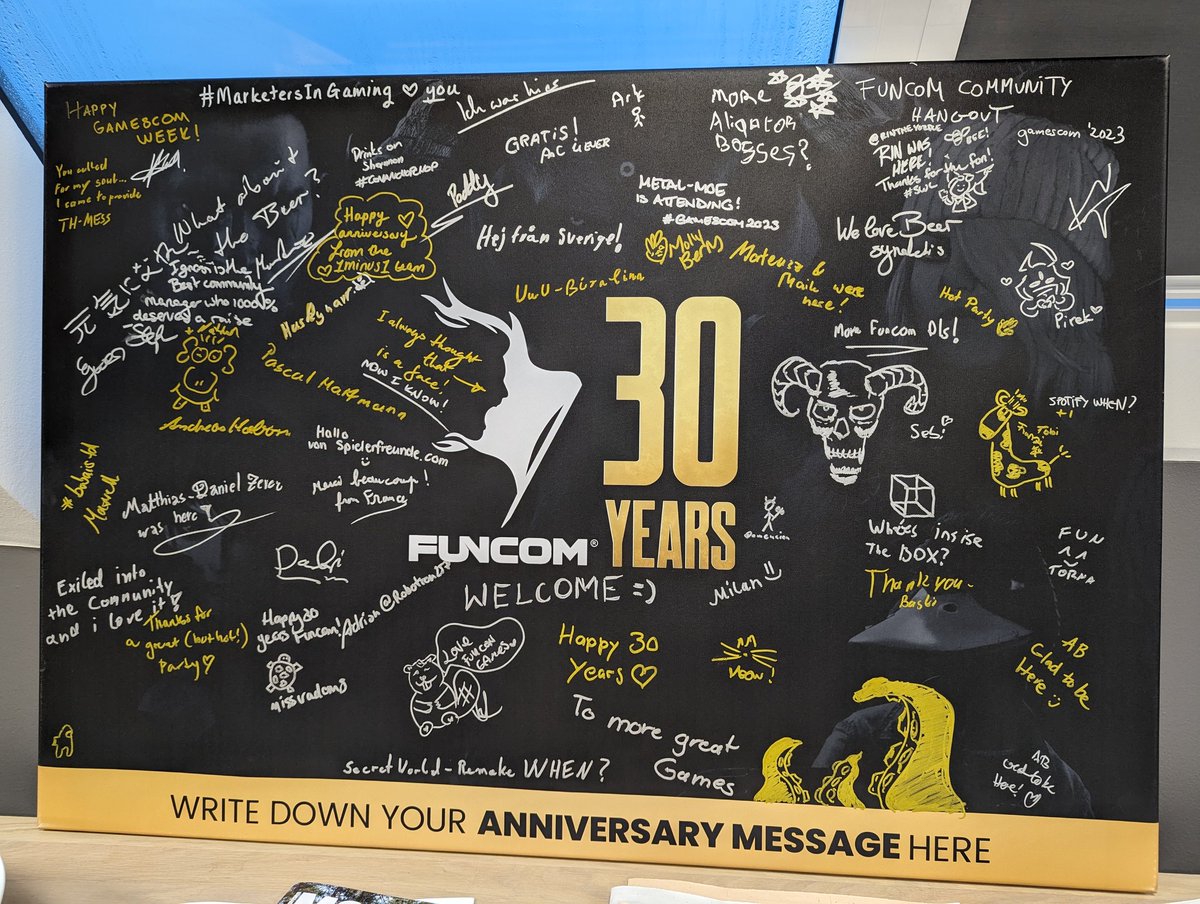 onlydopamine's tweet photo. It's a pleasure to see this signed #gamescom23 canvas greeting us each morning as we arrive at the office.

We met many Demons, Exiles, and Sleepers that evening. Good times! https://t.co/edGZWt2UJl