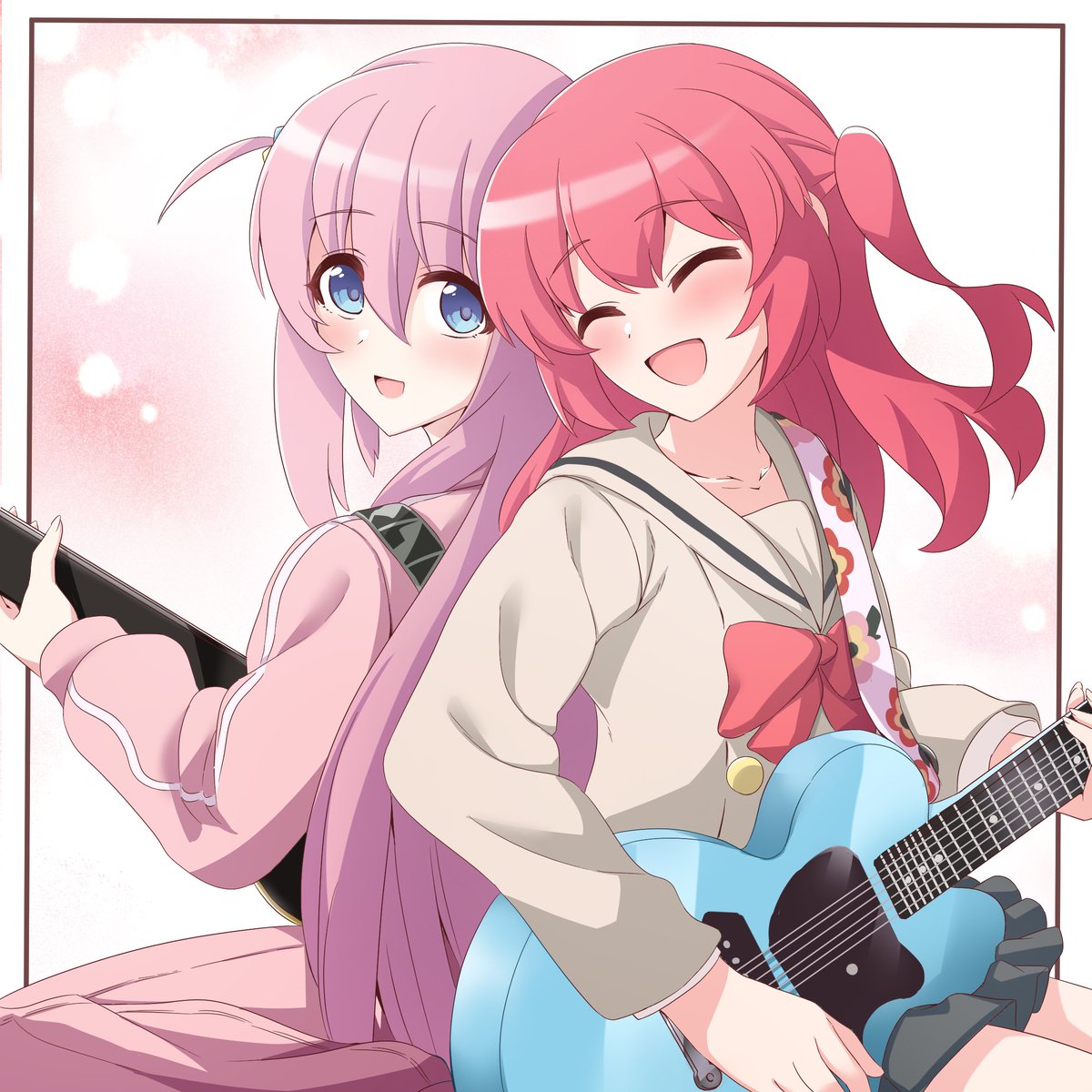 gotou hitori multiple girls 2girls instrument pink hair guitar school uniform track jacket  illustration images