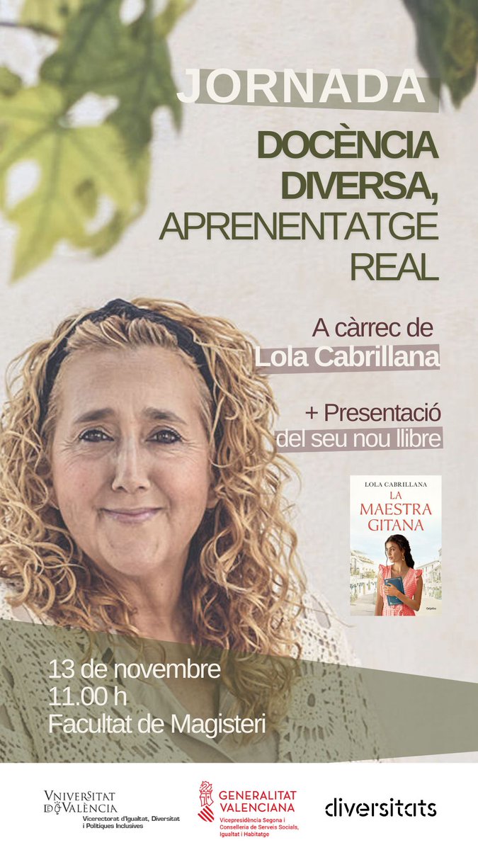 🧕🏾💃👩‍🏫Dins de la setmana d'activitats complementàries de la Facultat de Magisteri, vos presentem la Jornada "Docència diversa, aprenentatge real", a càrrec de la mestra i escriptora gitana Lola Cabrillana.

📆 Dilluns, 13 de novembre
🕕 11:00
📌 Facultat de Magisteri
🆓 Gratuïta
