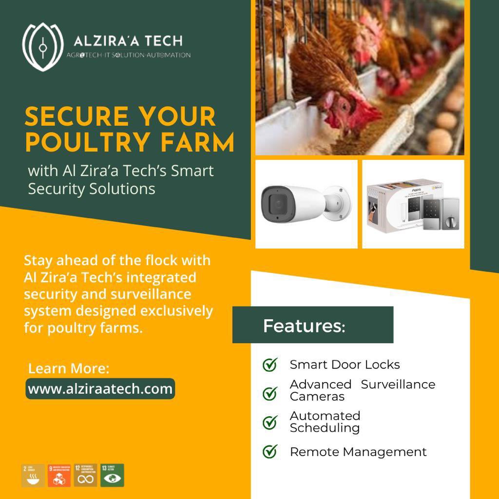 Secure your poultry farm's future with Al Zira’a Tech. Experience unparalleled safety and efficiency with our smart security and surveillance system.#SmartFarming #PoultrySecurity #AlZiraTech #FarmInnovation #AutomatedSafety #SurveillanceSolutions #AgriculturalTech #SecureFarming