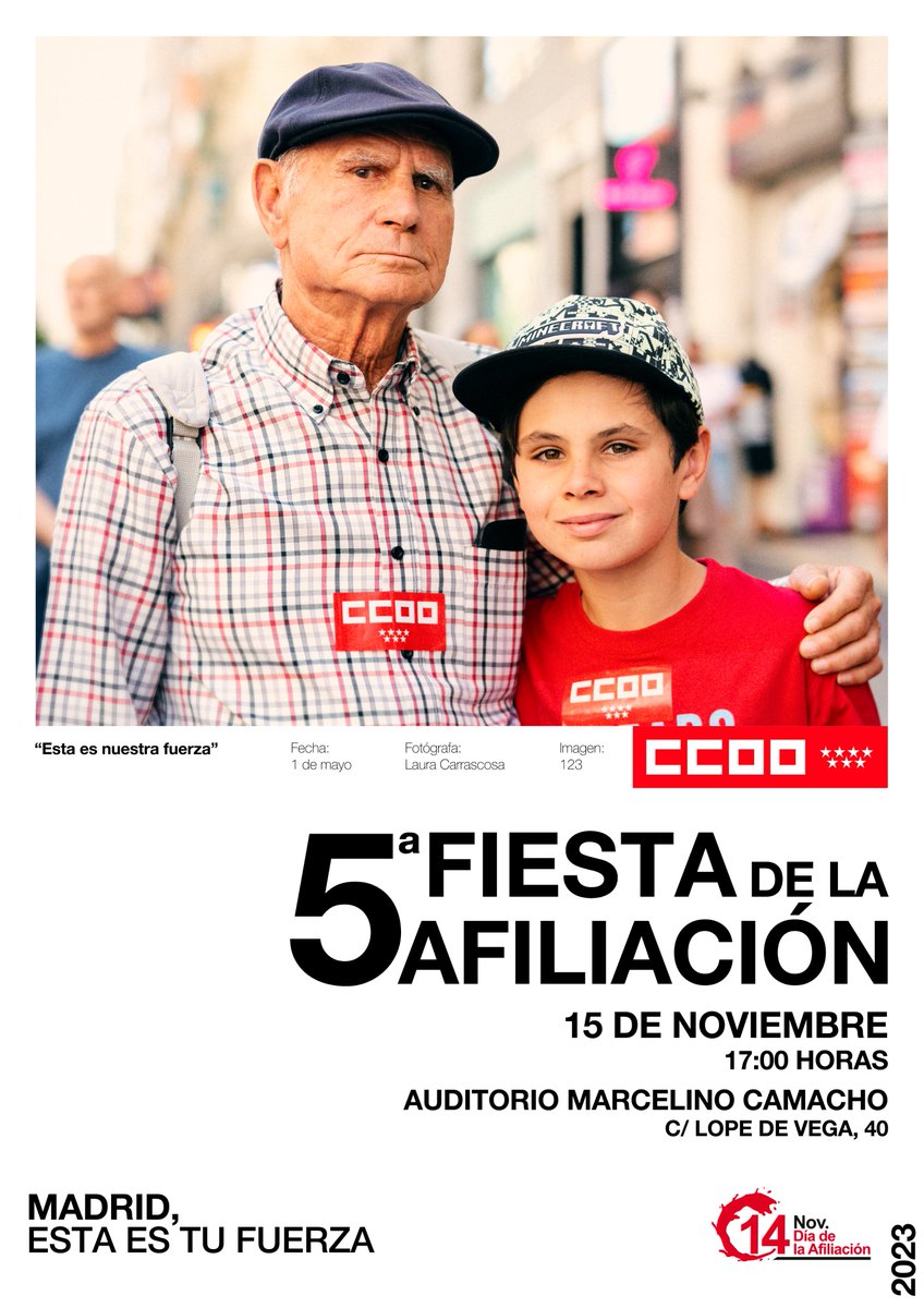 CCOOMadrid's tweet photo. 🔴🔴V Fiesta de la afiliación a #CCOOMadrid 

🗓️15 de noviembre, 17h
📌Auditorio Marcelino Camacho (Lope de Vega, 40, Madrid)

Será un homenaje a nuestra afiliación, lo más importante del sindicato 👏👏

Más info 👇
https://t.co/zJyO0aa6GU