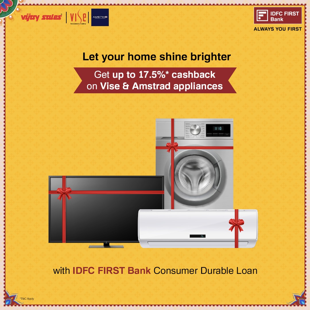 Get ready to illuminate your Diwali with Vijay Sales as we unveil irresistible offers that will make this festive season truly memorable. Enjoy up to 15,000 cashback with IDFCFIRSTBank Consumer Durable Loan and up to 17 Get ready to illuminate your Diwali with Vijay Sales as we unveil irresistible offers that will make this festive season tru...